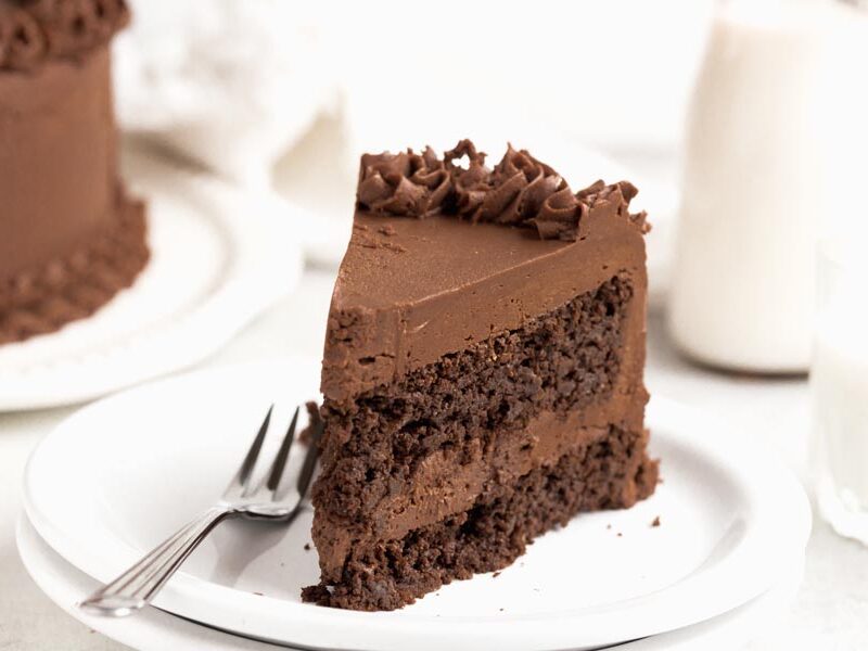 A slice of chocolate cake on a white plate with a small fork on the plate.