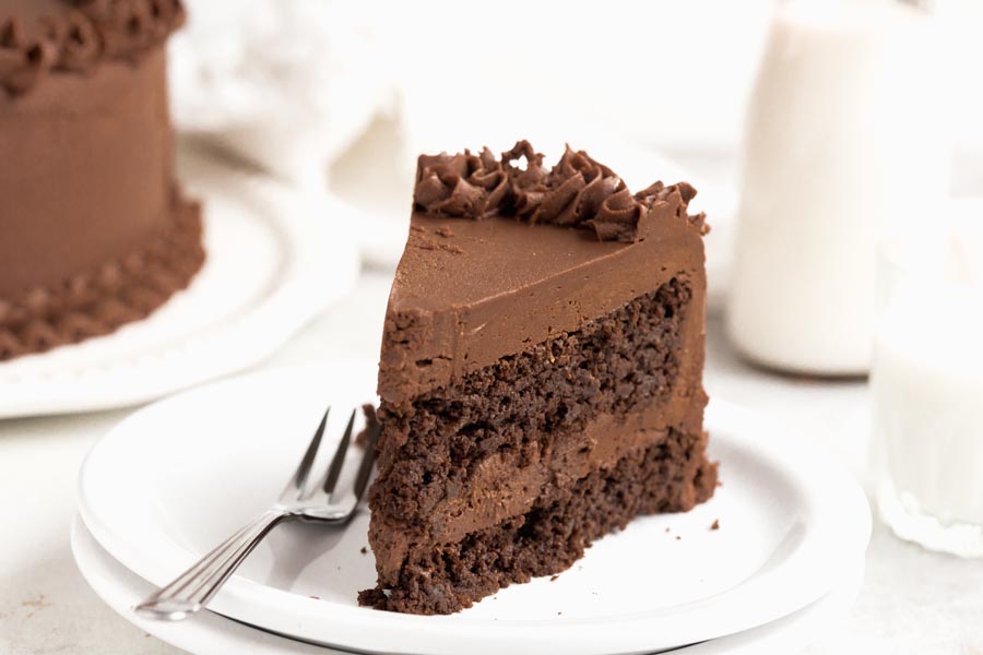 A slice of chocolate cake on a white plate with a small fork on the plate.