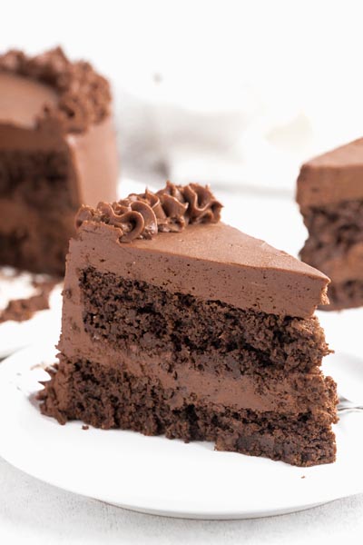 A slice of two layered chocolate cake on a plate decorated with frosting.