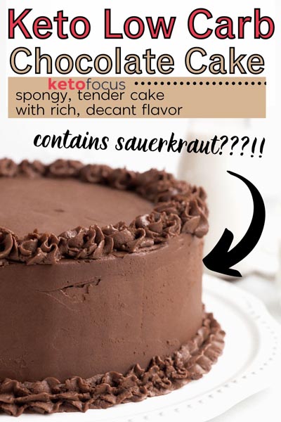 A side view of a whole chocolate cake with an arrow pointing to it and text that reads "contains sauerkraut?!".