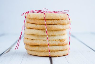 stack of sugar free shortbread cookies wrapped in red string
