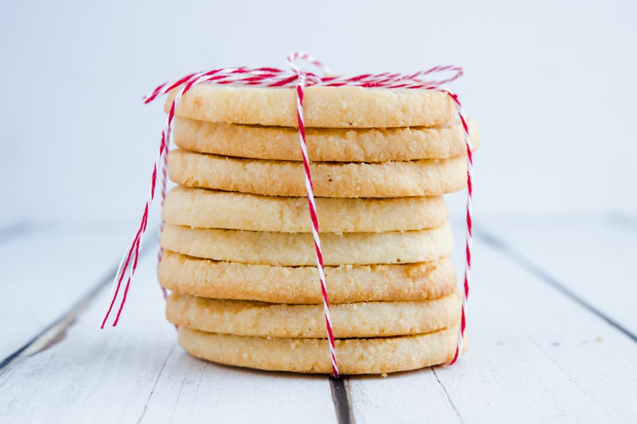 stack of sugar free shortbread cookies wrapped in red string