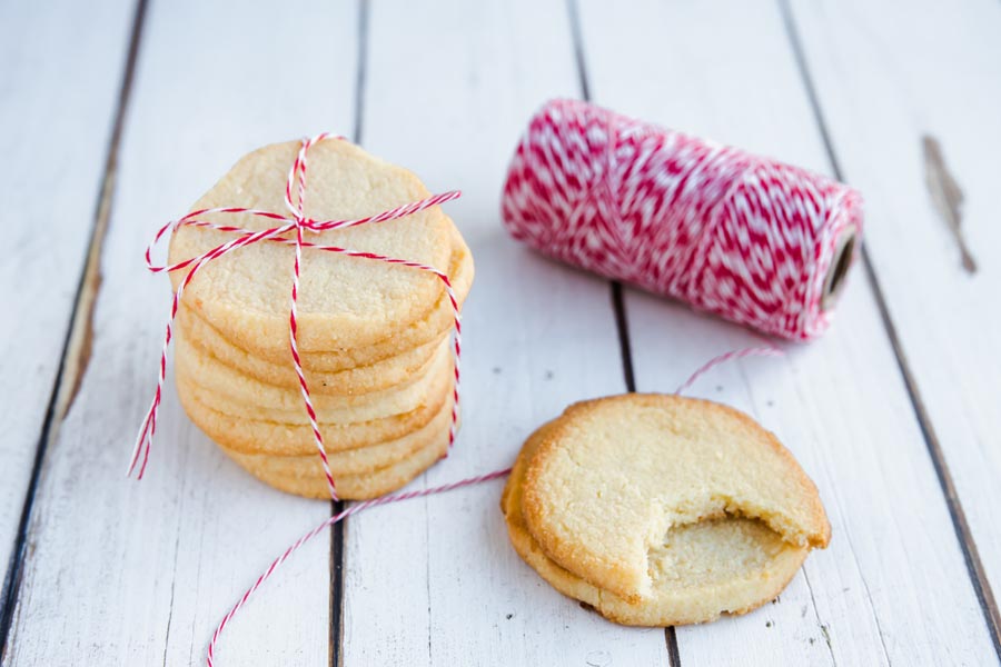 low carb shortbread cookies stacked and bite taken out