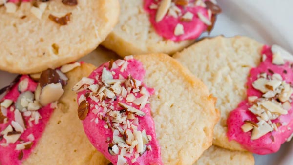 chocolate dipped cherry almond shortbread keto cookie