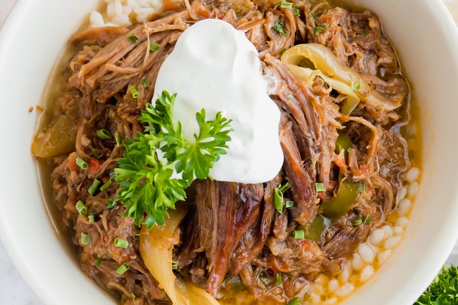 keto shredded beef with sour cream on top