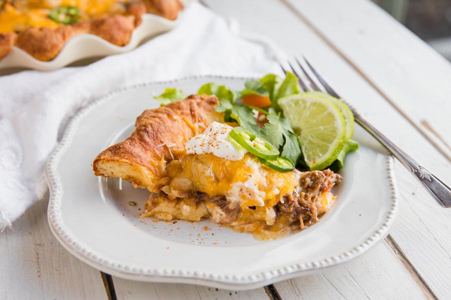 slice of fajita pie with shredded beef