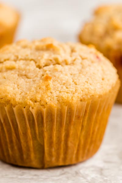 Close-up of a muffin in a muffin liner.