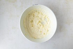 Cream cheese and sweetener whipped until fluffy in a mixing bowl.