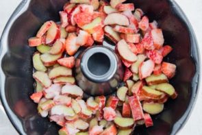 strawberry and rhubarb mixture in the bundt pan