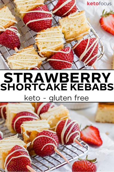 two images of strawberry shortcake kebabs on a wire rack