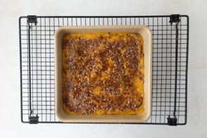 Fully baked keto sweet potato casserole cooling on a wire rack.