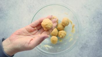 A hand holding a small ball of dough while other small balls sit in the bowl.