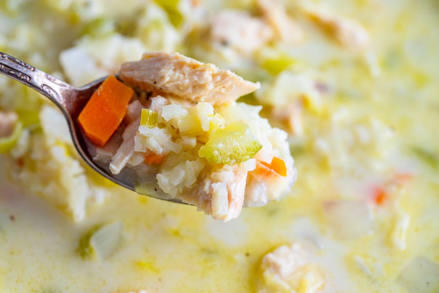 a spoonful of turkey and rice soup