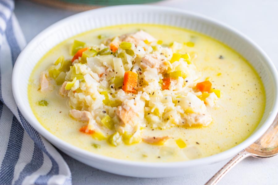 turkey soup with cauliflower rice in a bowl the vegetables