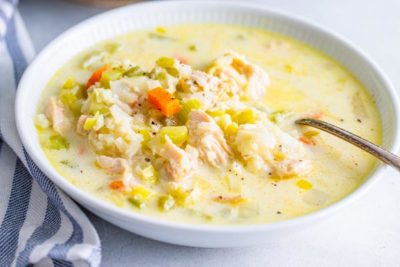 a warm bowl of turkey and rice soup on the table