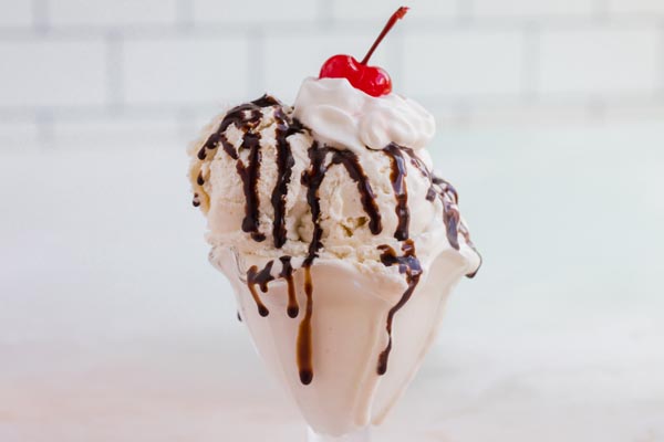 a sundae with chocolate syrup, whipped cream and a cherry on top