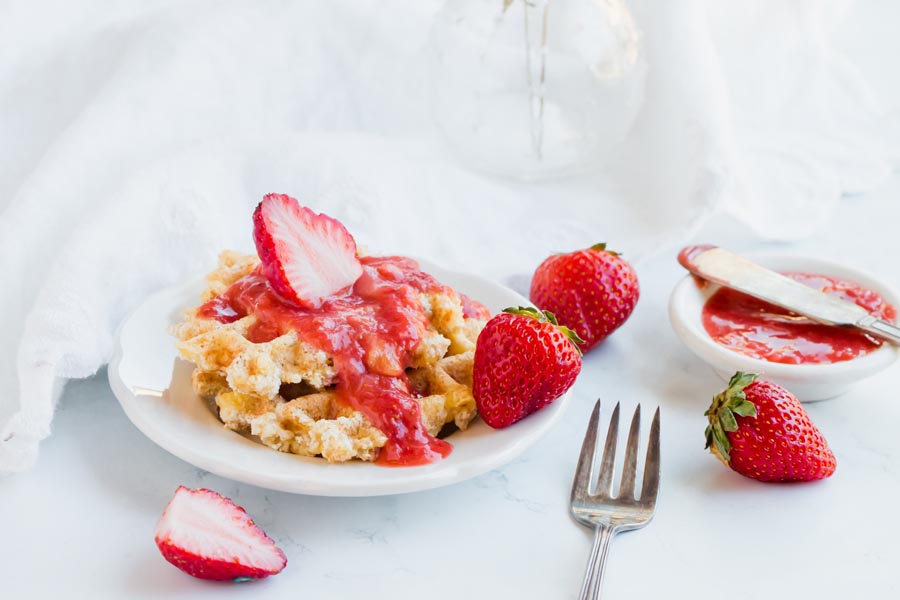 keto vegan waffle with strawberry syrup