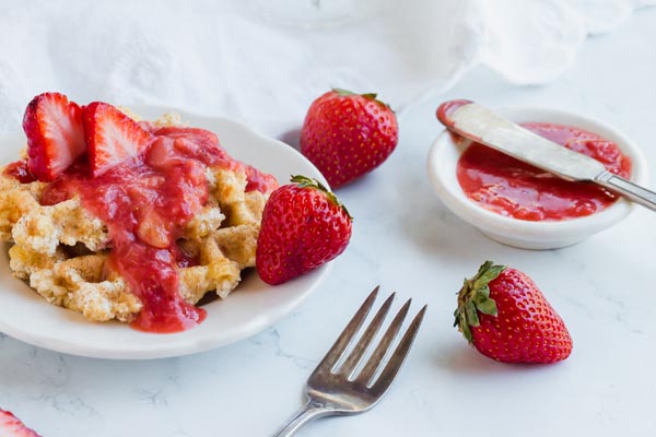 strawberries on vegan waffle