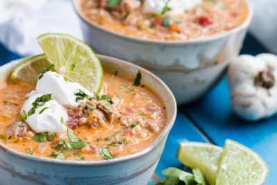 two big bowls of keto white chicken chili for dinner