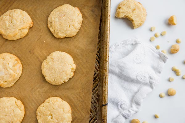white chocolate cookies on a baking tray with a white towel