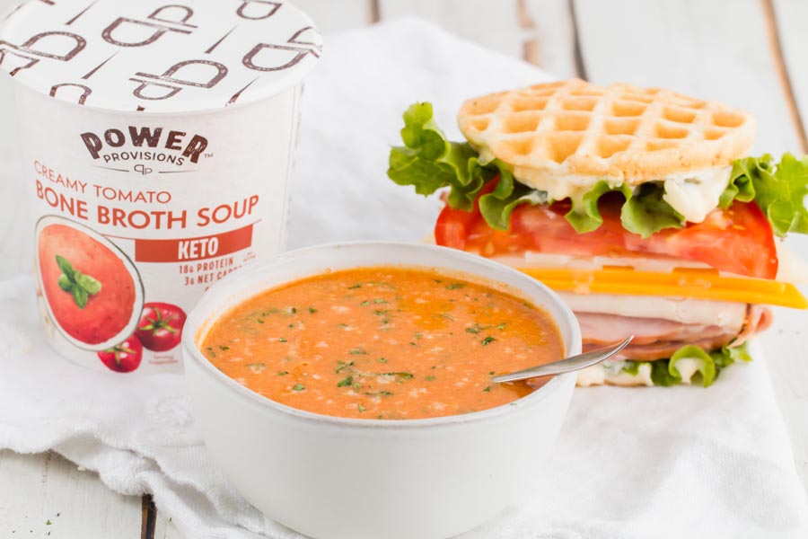 tomato soup near a wonderbread chaffle