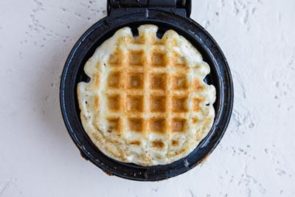 Keto "Wonderbread" chaffle cooked, but still in a waffle maker