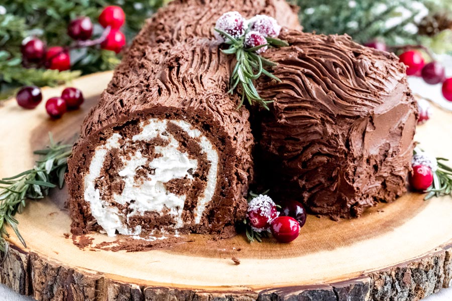 A chocolate rolled cake shaped like a log and decorated with chocolate frosting and sugared cranberries.