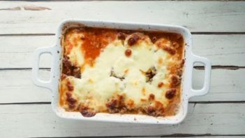 baked lasagna in a casserole dish