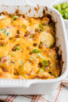 a baked casserole with melted cheese on top