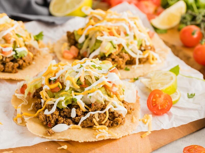 crispy low-carb tostada shells topped with beef, cheese and guacamole