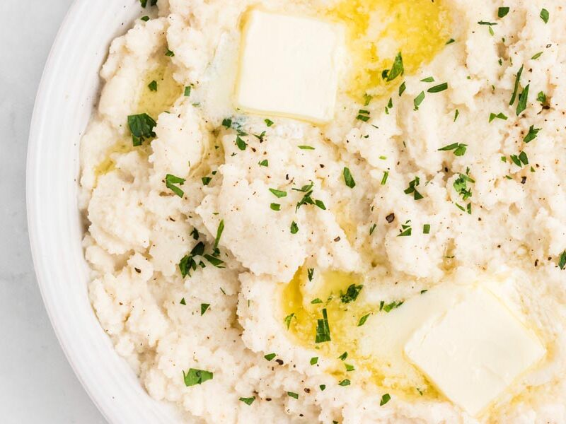 Creamy, fluffy mashed turnips topped with pepper, butter and herbs.