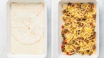 Two images - the first of tortilla halves layers in a baking dish. The second is ground pork mixture topped with shredded cheese.