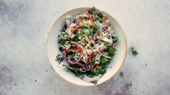 A salad bowl filled with coleslaw mix, red onion and cilantro.