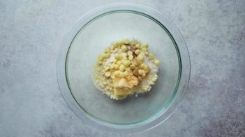 white chocolate chips, butter and almond flour in a clear bowl