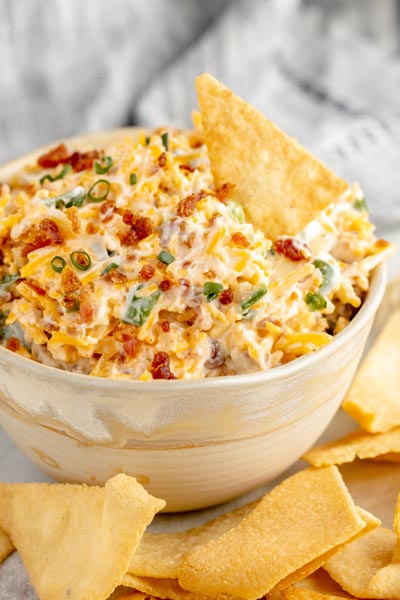 a cheese and mayo based dip in a bowl with tortilla chips around and a chip stuck in the dip