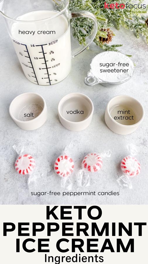 ingredients for peppermint ice cream on a counter with a pine branch in the background