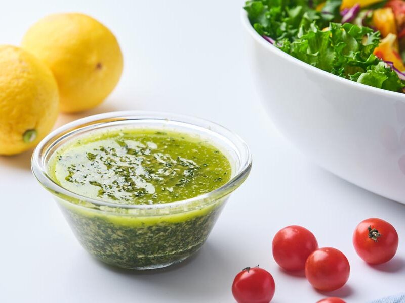 A small bowl of salad dressing sitting to the side of a bowl of salad, tomatoes and lemons.