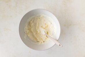 Cream cheese and sour cream mixed together until smooth and creamy for the pickle wrap dip base.