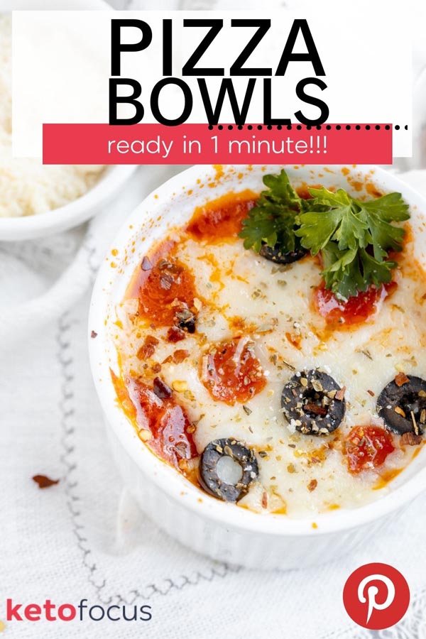 a pinterest image of a pizza bowl with pepperoni and olives for topping
