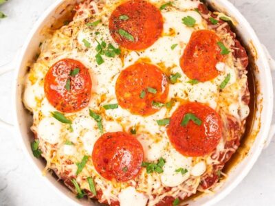 pepperoni pizza meatloaf in a casserole dish with handles