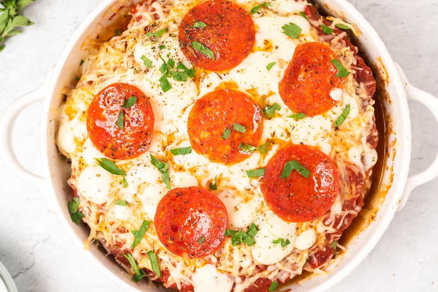 pepperoni pizza meatloaf in a casserole dish with handles