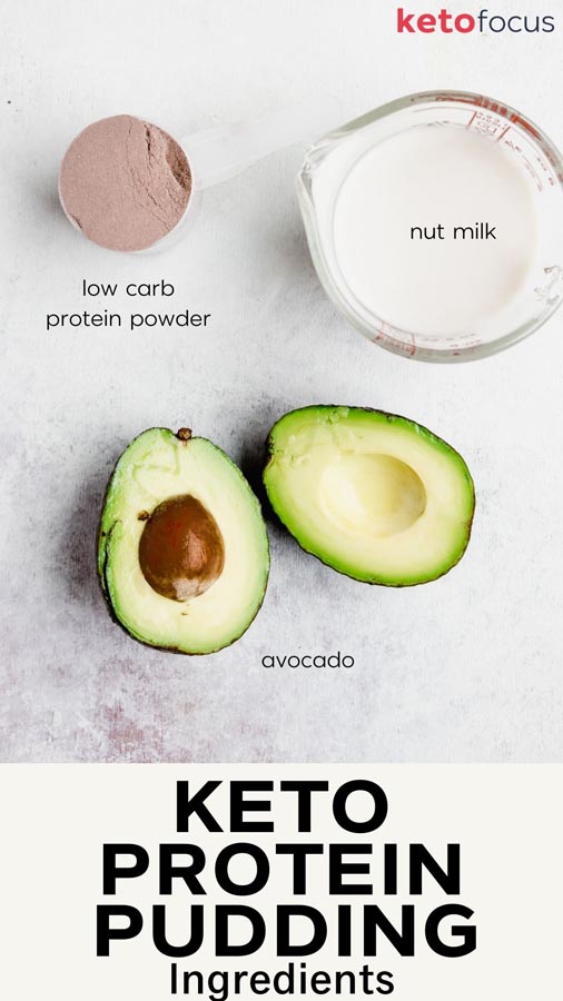 ingredients for pudding - nut milk, a sliced avocado, scoop of protein powder