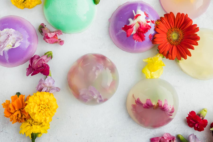 Looking down onto circular jelly like cakes filled with edible flowers. More colorful edible flowers the mini cakes.