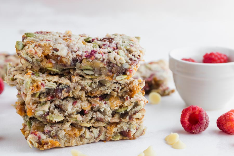 close up of the layers within a granola bar stack