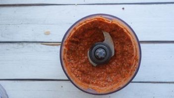 pureed romesco sauce in a food processor