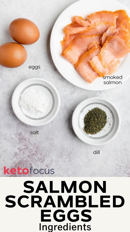 ingredients on a table - 2 eggs, a plate of smoked salmon and two small plate with salt and dill