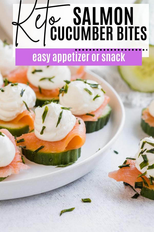 a platter with smoked salmon cream cheese cucumber bites on it topped with chives