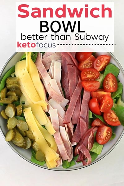 sandwich toppings, pickles, cheese, turkey, ham and tomatoes lined in rows over a bed of lettuce