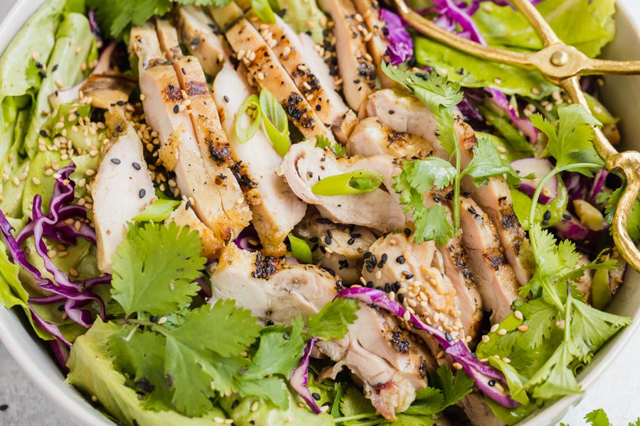 close up of a chicken salad with cilantro and purple cabbage on top