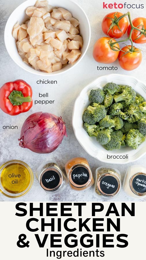 chicken in a bowl next to tomatoes, bell pepper, onion, broccoli, oil and seasonings